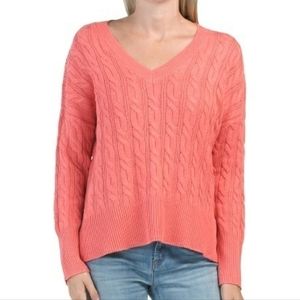 John New York Hot Pink V-neck Cable Knit Basic Sweater
